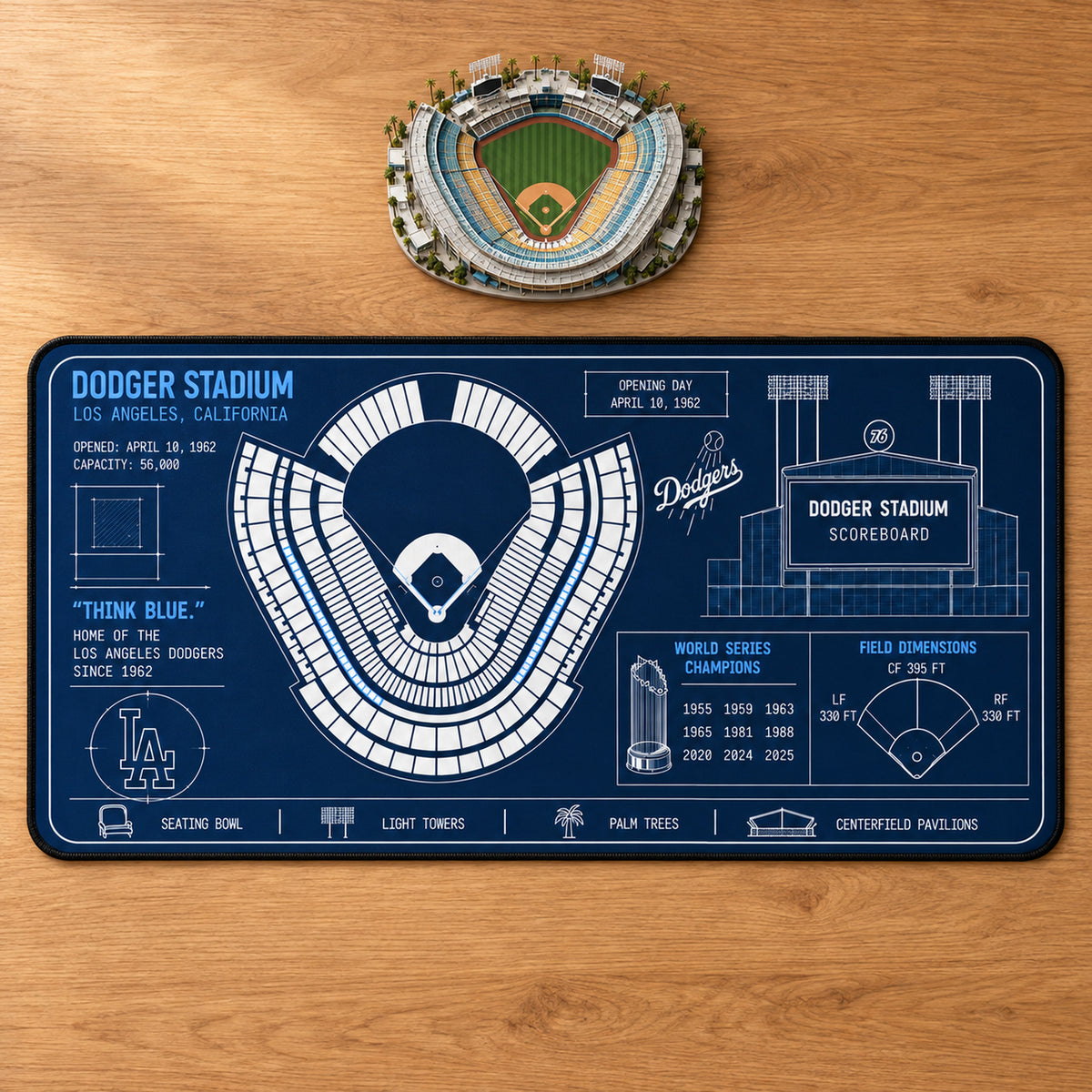 Los Angeles Dodgers Dodger Stadium blueprint desk mat, 16" x 32", on a wooden desk with a decorative stadium model