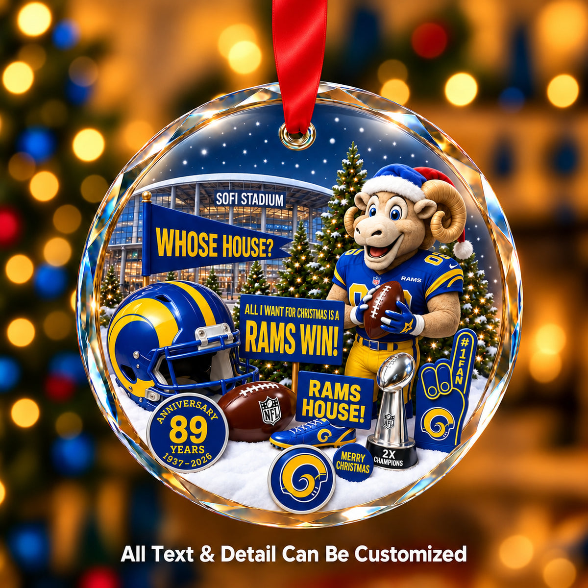 Los Angeles Rams Snow Globe Glass Ornament