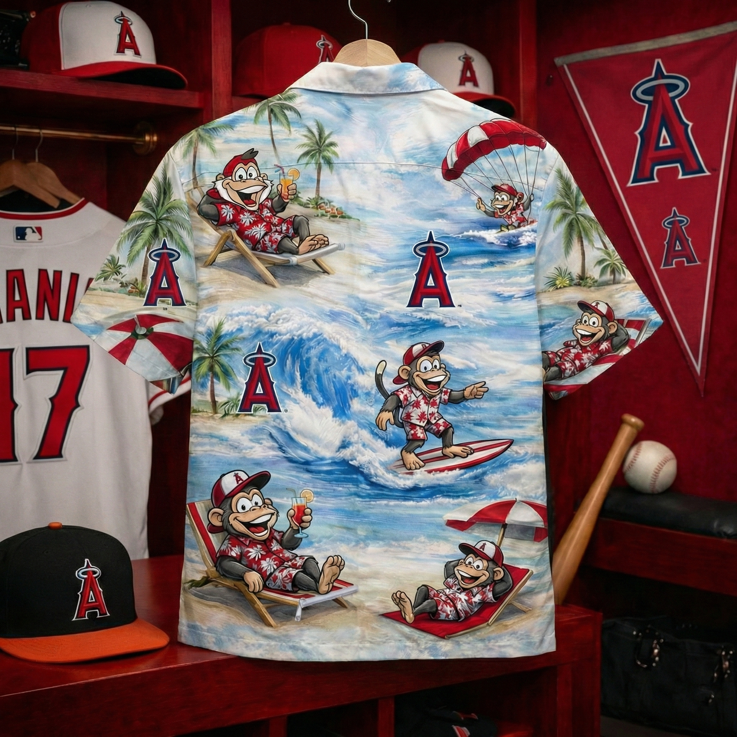 Camisa Hawaiana Unisex con Botones para Hombres y Mujeres, Modelo "LAA Baseball Mascot Beach Vibe"