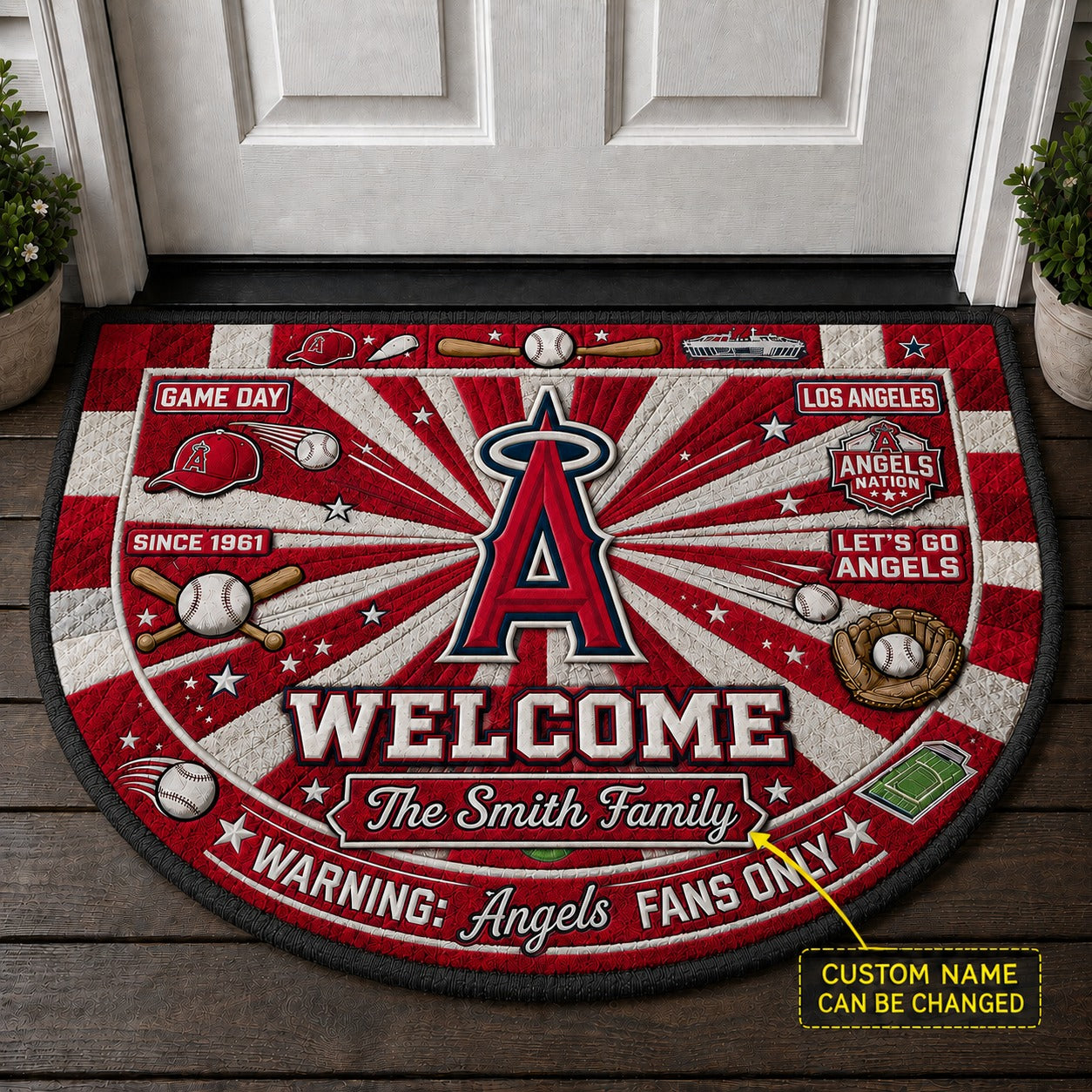 Official-Inspired Baseball Fan Custom Quilted Print Premium Welcome Mat Washable Black Border – Personalized Baseball Doormat
