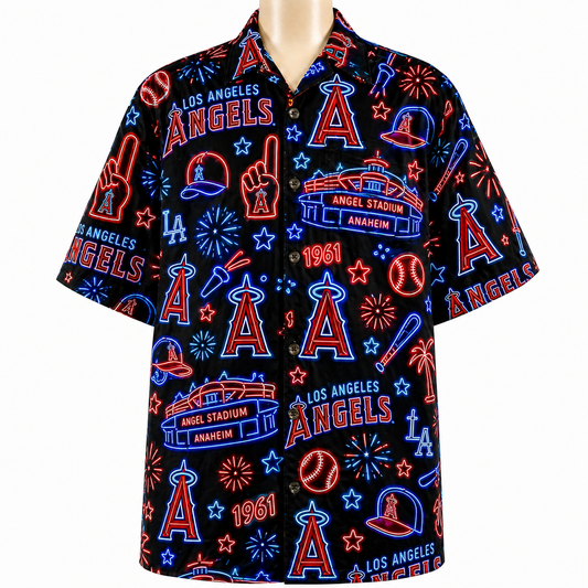 LAA Baseball Teams Neon Pattern Vibe Summer Party Button-Up Unisex Hawaiian Shirt For Men and Women