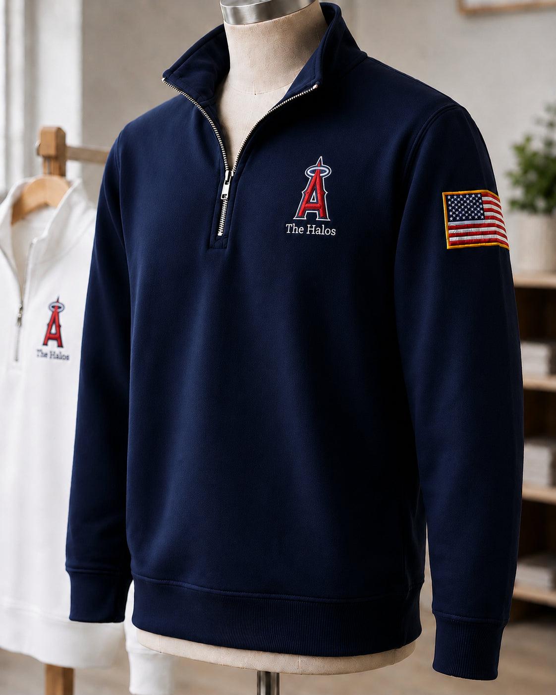 All Baseball Teams Embroidered Logo and Us Flag Premium Quarter Zip Sweatshirt, Inspired Quarter Zip Sweater, Unisex Baseball Sweatshirt