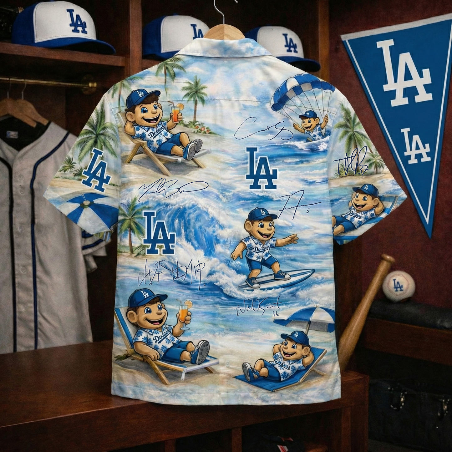 Camisa Hawaiana Unisex con Botones y Firma de Jugador de Béisbol LAD "Viber" de Playa para Hombre y Mujer