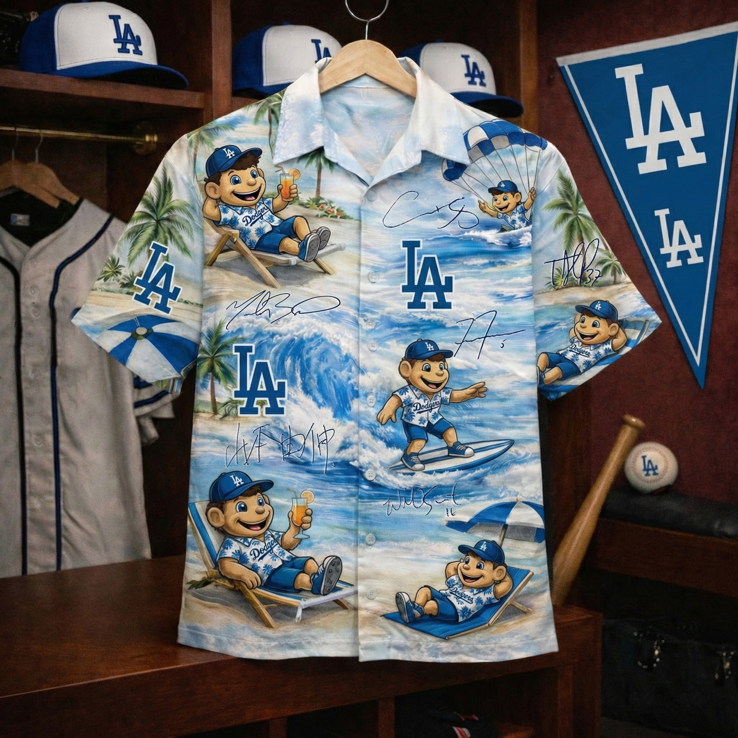 Camisa Hawaiana Unisex con Botones y Firma de Jugador de Béisbol LAD "Viber" de Playa para Hombre y Mujer