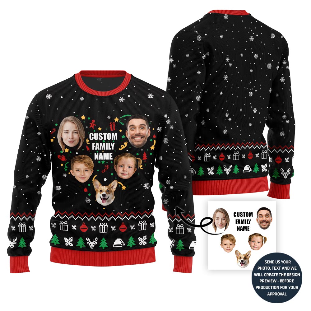Lovely Custom Family Face And Name Ugly Christmas Sweater