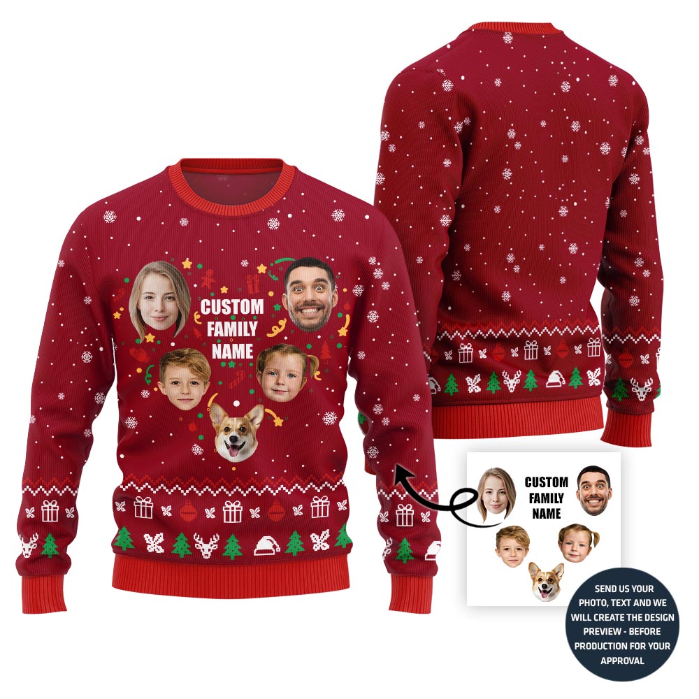 Lovely Custom Family Face And Name Ugly Christmas Sweater