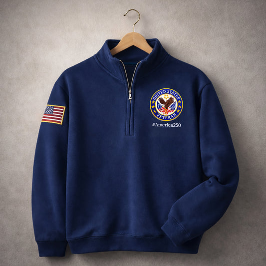 Veteran  America 250  Anniversary Embroidered Logo Premium Quarter Zip Sweatshirt, Inspired Quarter Zip Sweater, Unisex  Sweatshirt