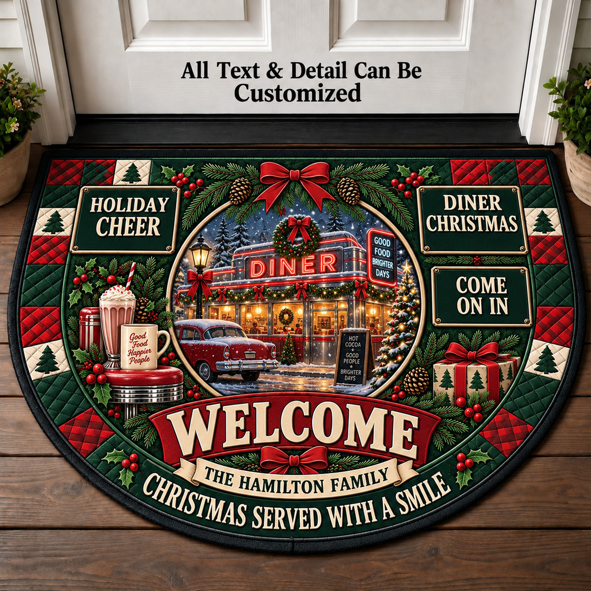 Main Street Diner Christmas Personalized Half Round Mat | 5To9Vibe