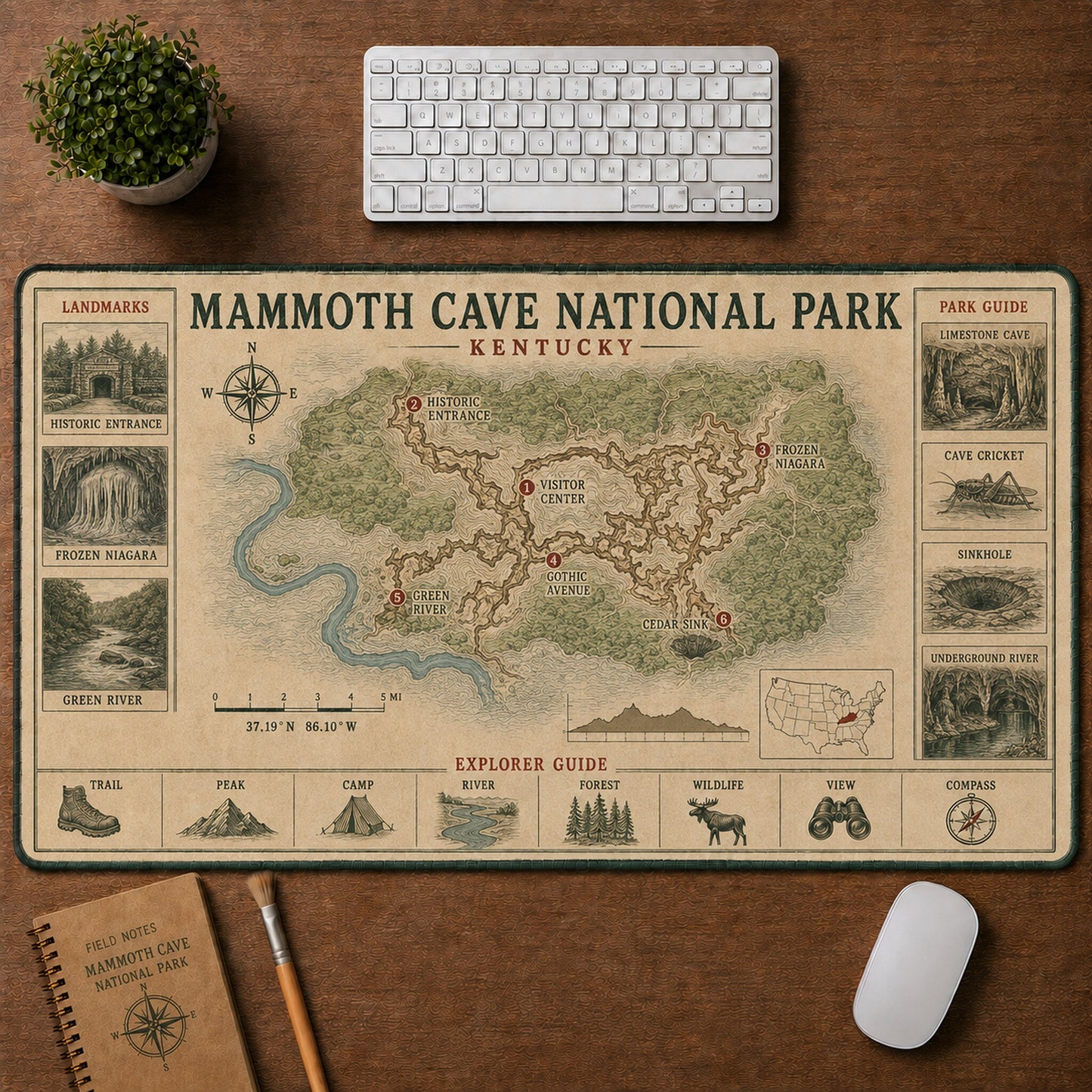 Mammoth Cave National Park Vintage Topographic Park Map Explorer Guide Desk Mat | 5To9Vibe