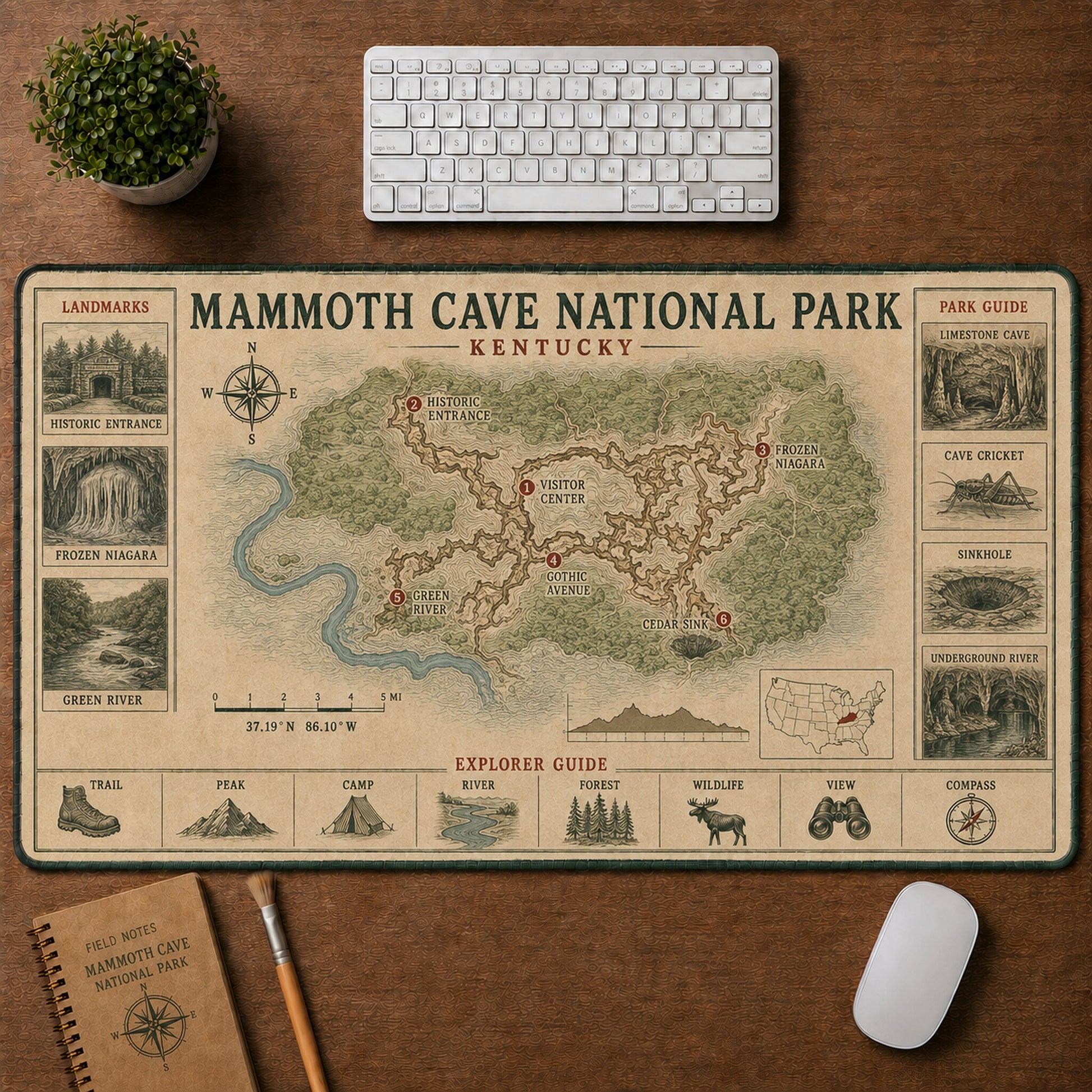 Mammoth Cave National Park Vintage Topographic Park Map Explorer Guide Desk Mat | 5To9Vibe