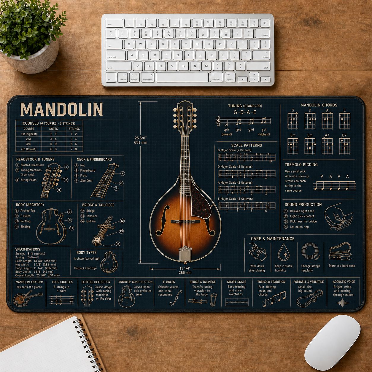 Mandolin Musical Instrument Blueprint Guide Desk Mat | 5To9Vibe