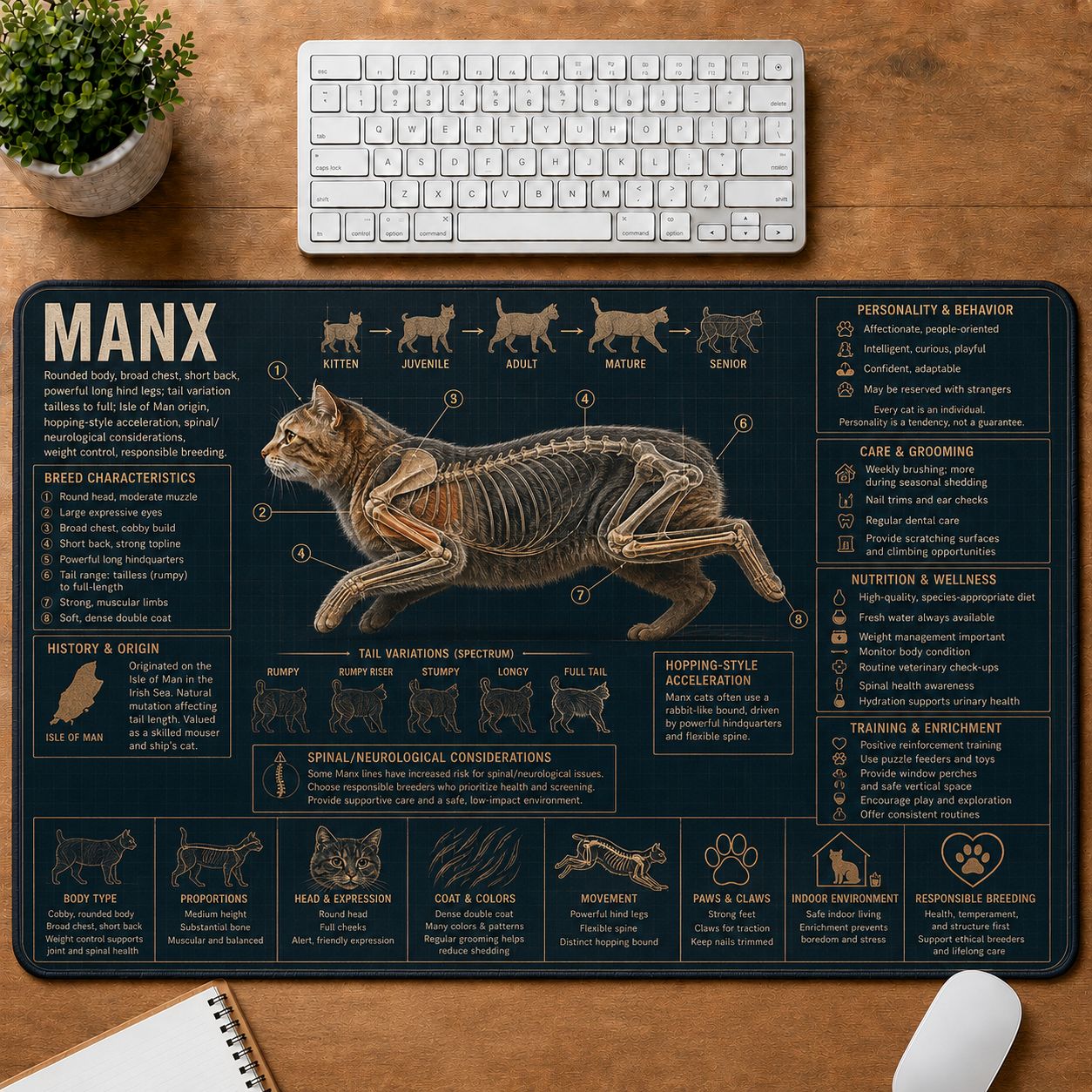 Manx Cat Breed Desk Mat Anatomy Guide | 5To9Vibe