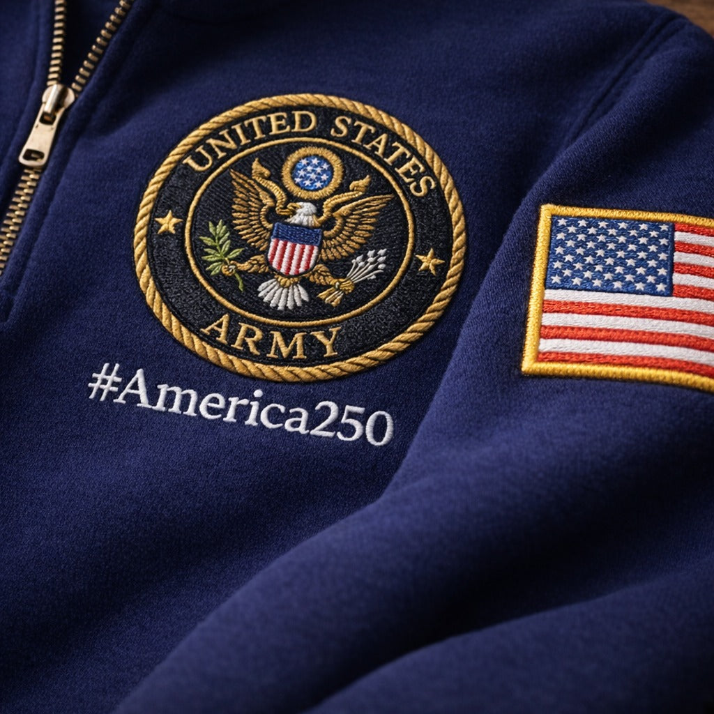 Sudadera premium con cuello con cremallera America 250, logotipo bordado del aniversario de los Veteranos del Ejército de EE. UU., suéter inspirado con cuello con cremallera, sudadera unisex