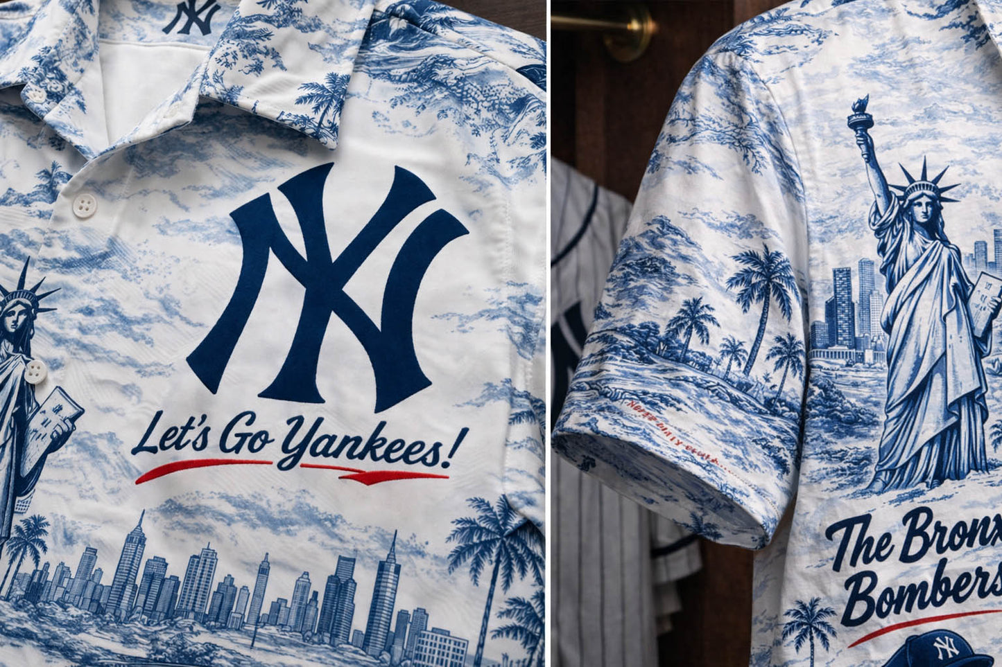 Camisa hawaiana con botones de la mascota de béisbol de los Yankees de Nueva York