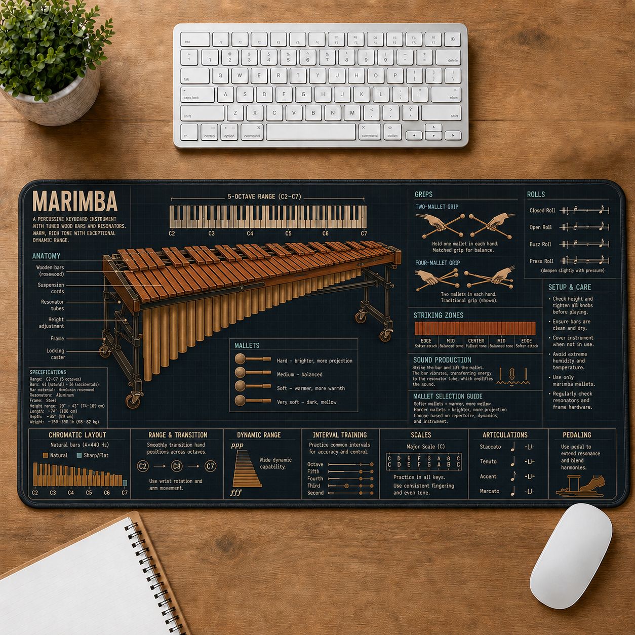Marimba Musical Instrument Blueprint Guide Desk Mat | 5To9Vibe