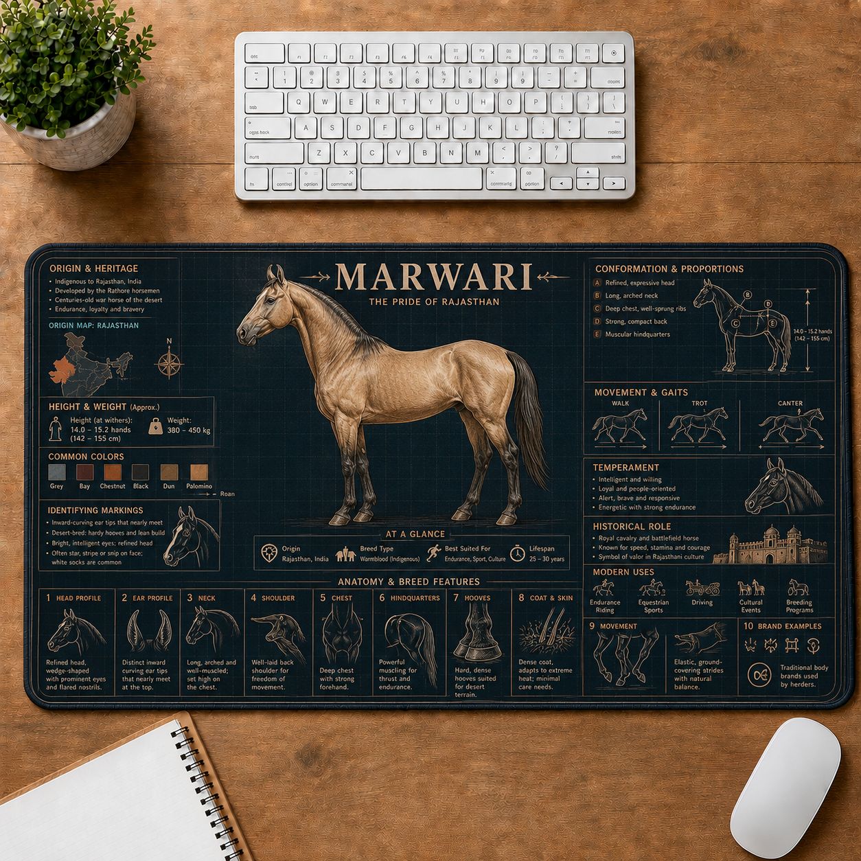 Marwari Horse Horse and Equestrian Visual Guide Desk Mat | 5To9Vibe