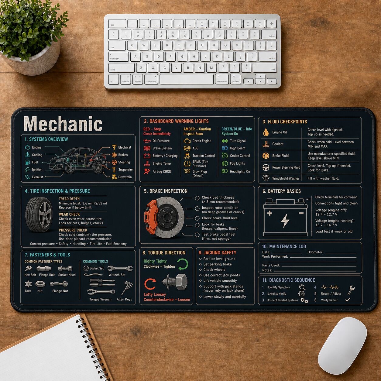 Mechanic Cheat Sheet Quick Reference Guide Desk Mat | 5To9Vibe