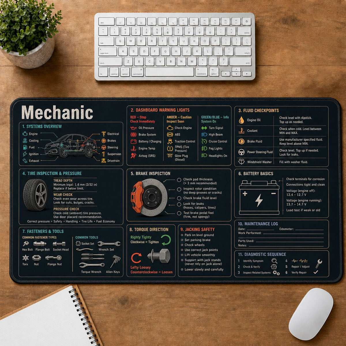 Mechanic Cheat Sheet Quick Reference Guide Desk Mat | 5To9Vibe