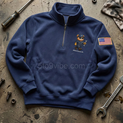 Mechanic Embroidered Quarter Zip Sweatshirt, Funny Mechanic Bear Pullover, Men's Casual Zip Up Jacket, Gift for Mechanic Lover Dad