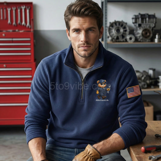 Mechanic Embroidered Quarter Zip Sweatshirt, Funny Mechanic Bear Pullover, Men's Casual Zip Up Jacket, Gift for Mechanic Lover Dad