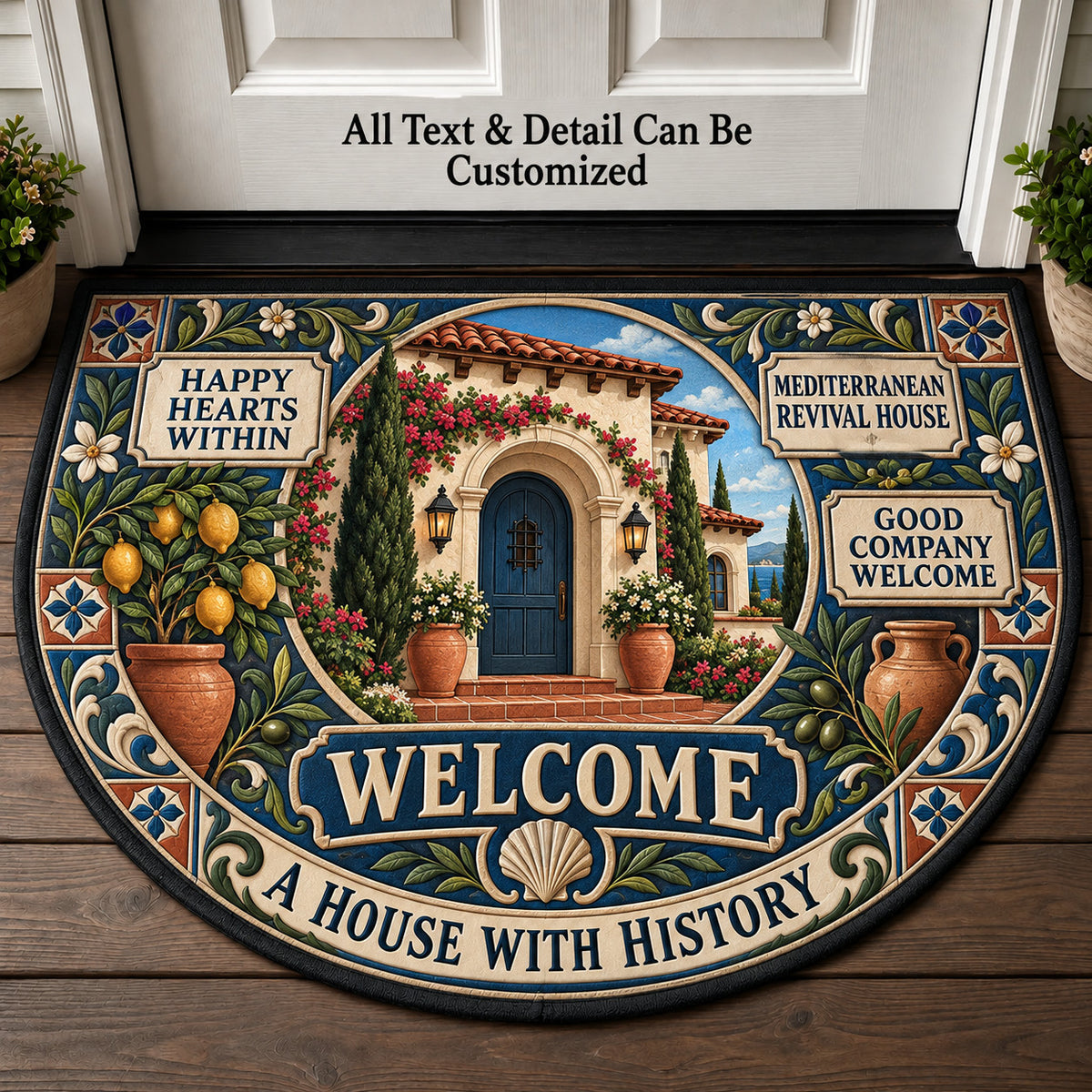 Mediterranean Revival House Personalized Half Round Mat | 5To9Vibe