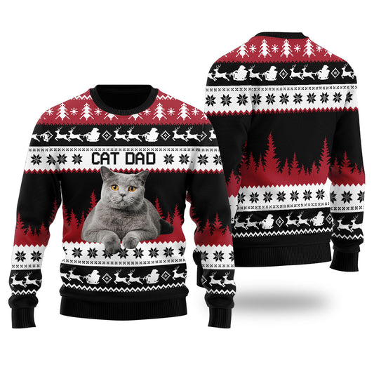 Mens Cat Dad Custom Ugly Christmas Sweater Black - Funny Ugly Christmas Sweater