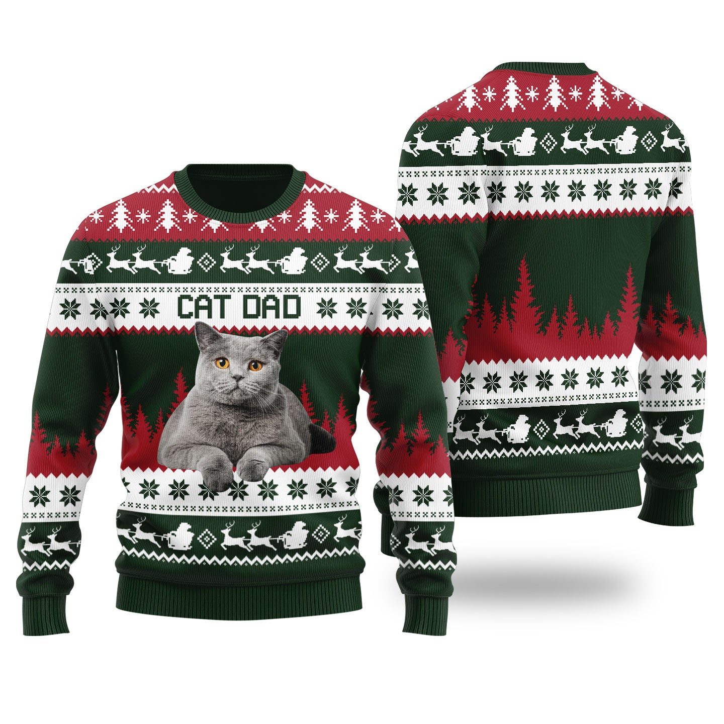 Mens Cat Dad Custom Ugly Christmas Sweater Forest Green - Funny Ugly Christmas Sweater