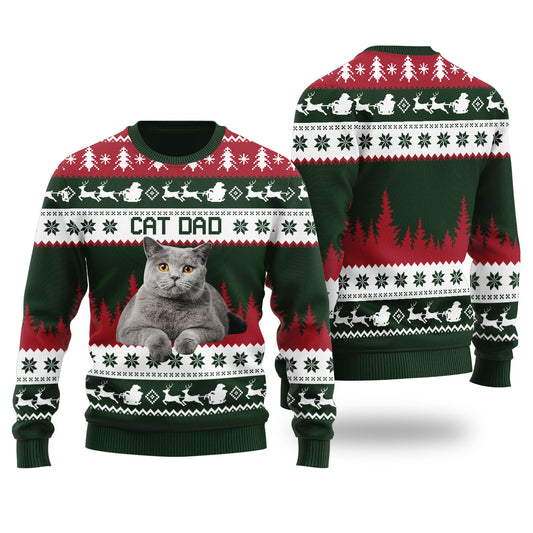 Mens Cat Dad Custom Ugly Christmas Sweater Forest Green - Funny Ugly Christmas Sweater