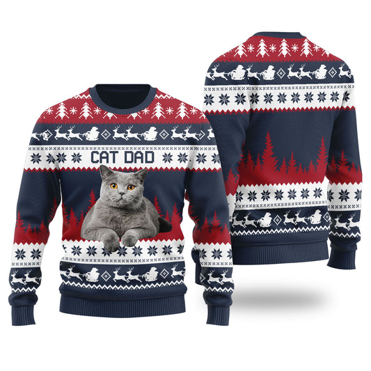 Mens Cat Dad Custom Ugly Christmas Sweater Navy - Funny Ugly Christmas Sweater