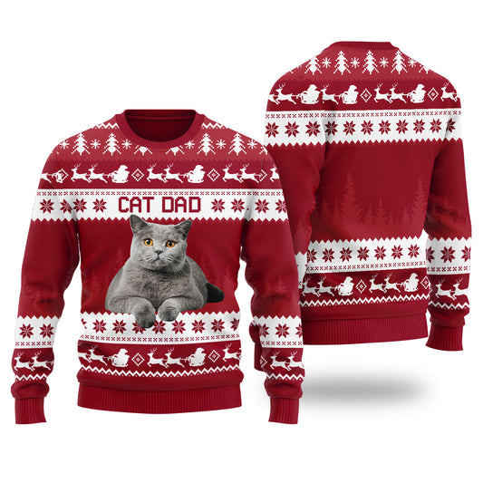 Mens Cat Dad Custom Ugly Christmas Sweater Cardinal Red - Funny Ugly Christmas Sweater