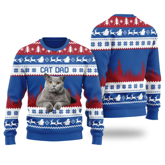Mens Cat Dad Custom Ugly Christmas Sweater Royal - Funny Ugly Christmas Sweater
