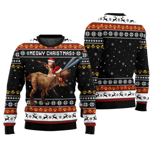 Meowry Christmas Cat Riding Dinosaur Ugly Sweater