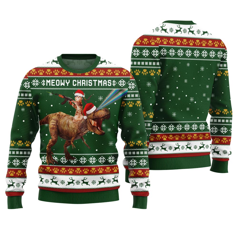 Meowry Christmas Cat Riding Dinosaur Ugly Sweater