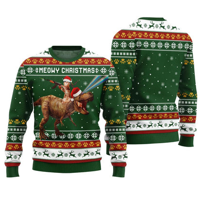 Meowry Christmas Cat Riding Dinosaur Ugly Sweater