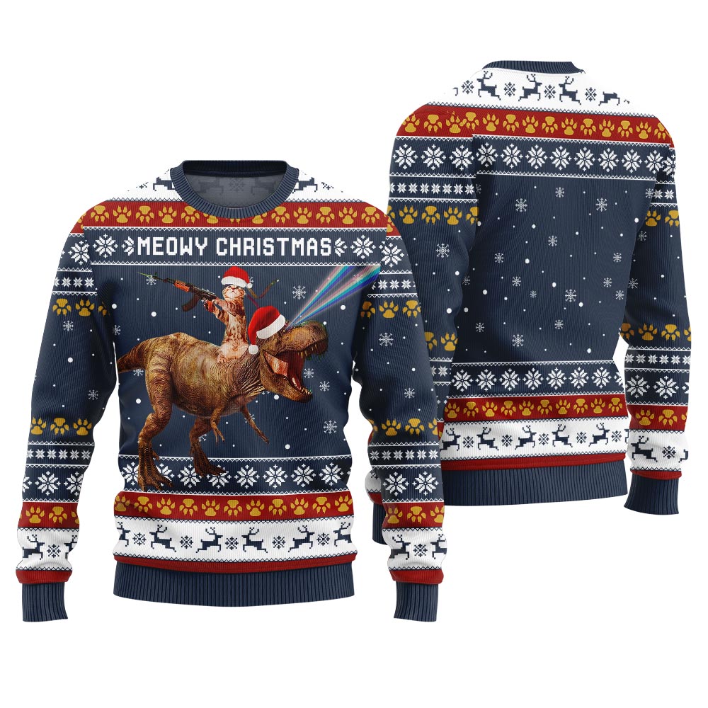 Meowry Christmas Cat Riding Dinosaur Ugly Sweater