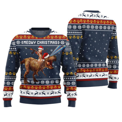 Meowry Christmas Cat Riding Dinosaur Ugly Sweater