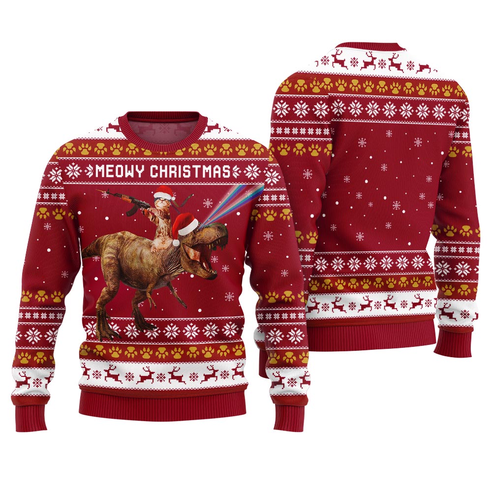 Meowry Christmas Cat Riding Dinosaur Ugly Sweater