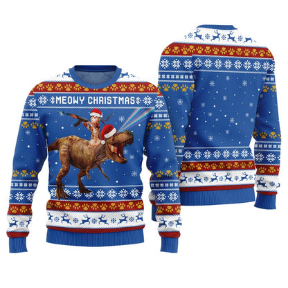Meowry Christmas Cat Riding Dinosaur Ugly Sweater