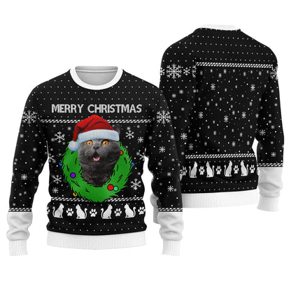 Merry Christmas Custom Cat Ugly Christmas Sweater Black - Funny Ugly Christmas Sweater