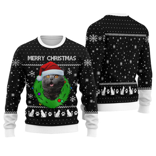 Merry Christmas Custom Cat Ugly Christmas Sweater Black - Funny Ugly Christmas Sweater