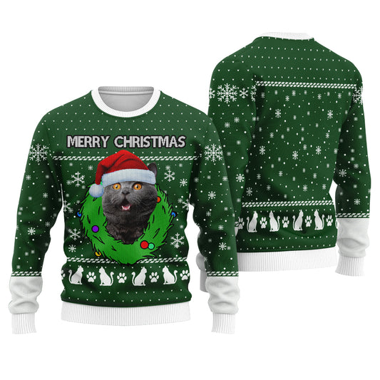 Merry Christmas Custom Cat Ugly Christmas Sweater Forest Green - Funny Ugly Christmas Sweater