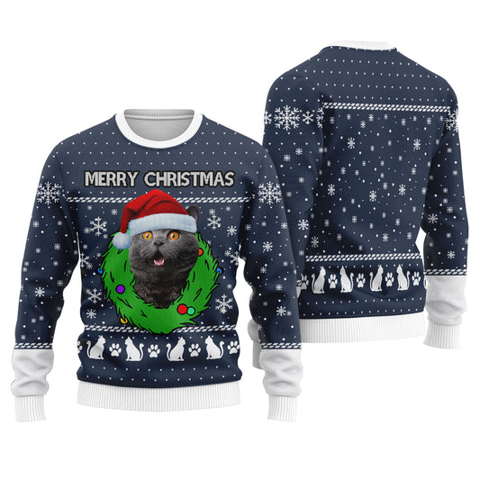 Merry Christmas Custom Cat Ugly Christmas Sweater Navy - Funny Ugly Christmas Sweater