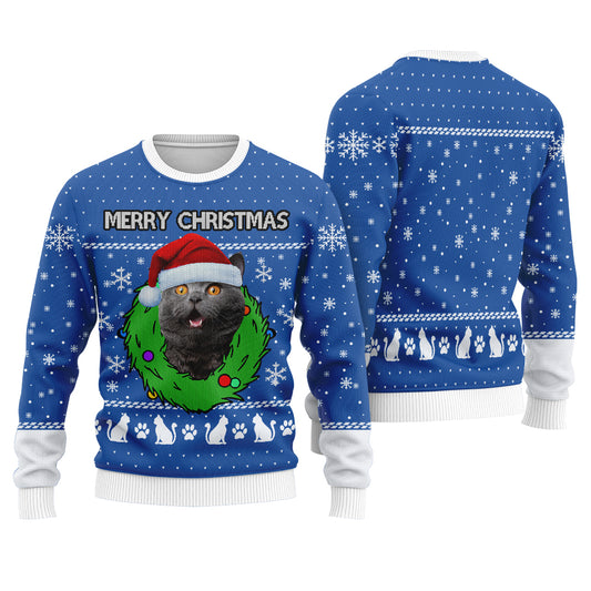 Merry Christmas Custom Cat Ugly Christmas Sweater Royal - Funny Ugly Christmas Sweater