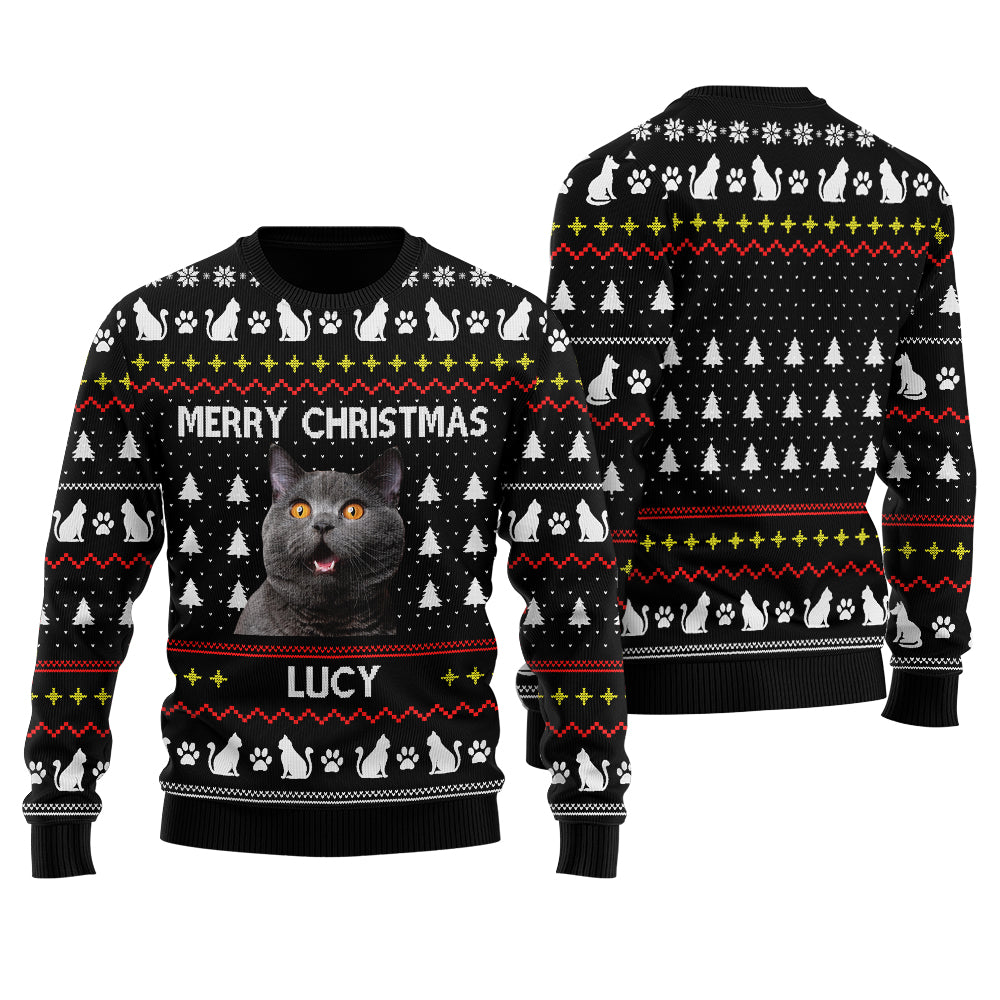 Merry Christmas Custom Ugly Christmas Sweater With Cat Black - Funny Ugly Christmas Sweater