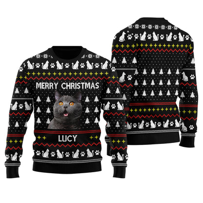 Merry Christmas Custom Ugly Christmas Sweater With Cat Black - Funny Ugly Christmas Sweater