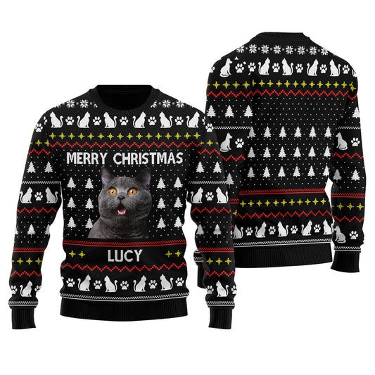 Merry Christmas Custom Ugly Christmas Sweater With Cat Black - Funny Ugly Christmas Sweater