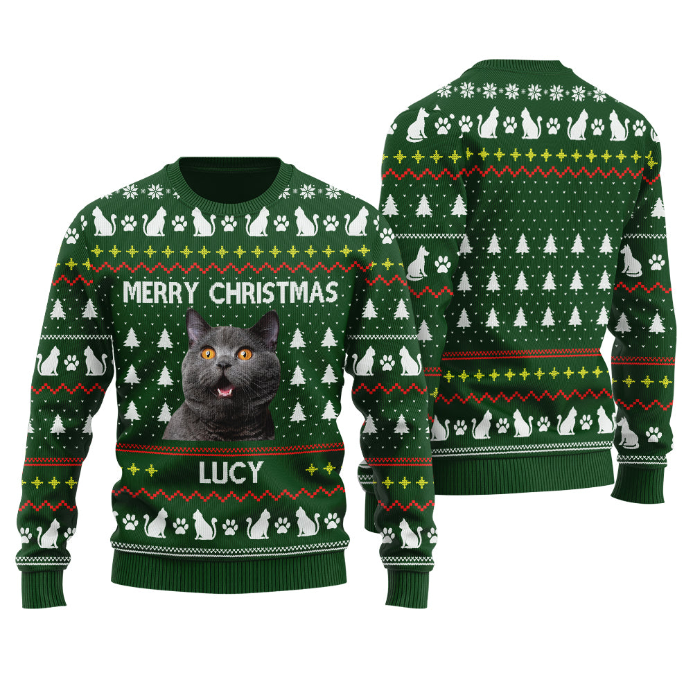 Merry Christmas Custom Ugly Christmas Sweater With Cat Forest Green - Funny Ugly Christmas Sweater