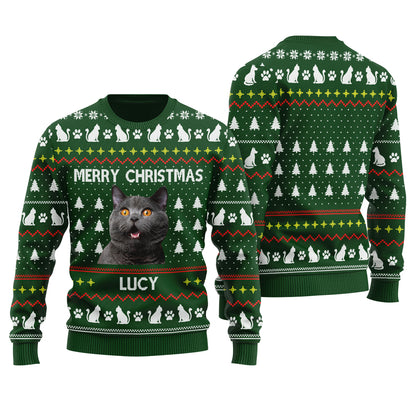 Merry Christmas Custom Ugly Christmas Sweater With Cat Forest Green - Funny Ugly Christmas Sweater