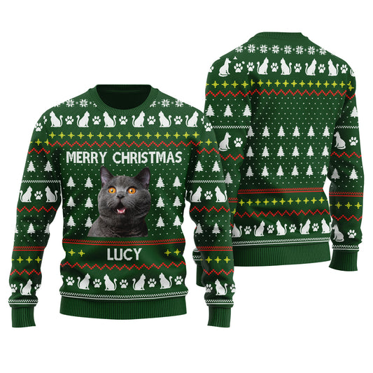 Merry Christmas Custom Ugly Christmas Sweater With Cat Forest Green - Funny Ugly Christmas Sweater