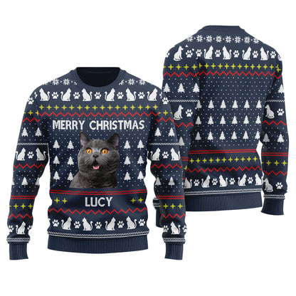 Merry Christmas Custom Ugly Christmas Sweater With Cat Navy - Funny Ugly Christmas Sweater